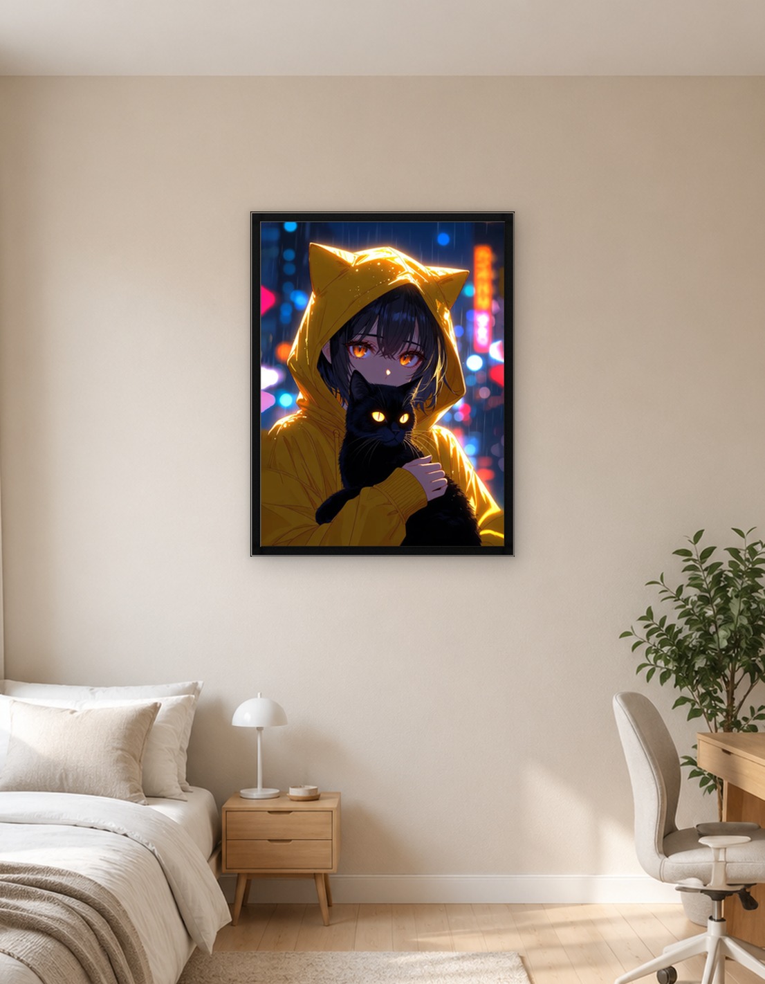 Mysterious Anime Girl in Yellow Hoodie with Glowing Black Cat on Rainy Night