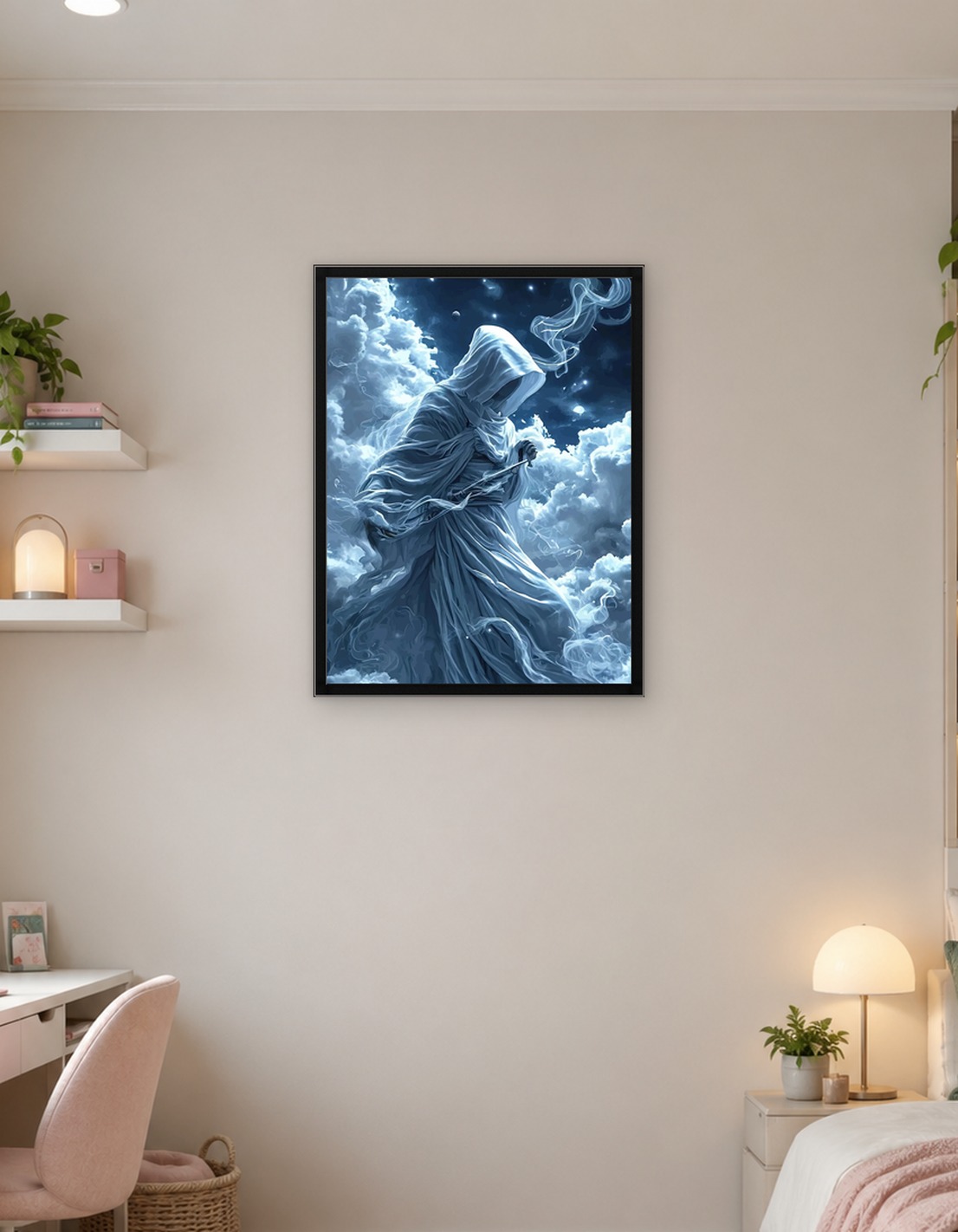 Mysterious hooded figure in clouds