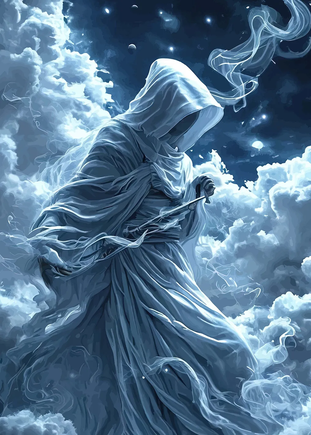 Mysterious hooded figure in clouds