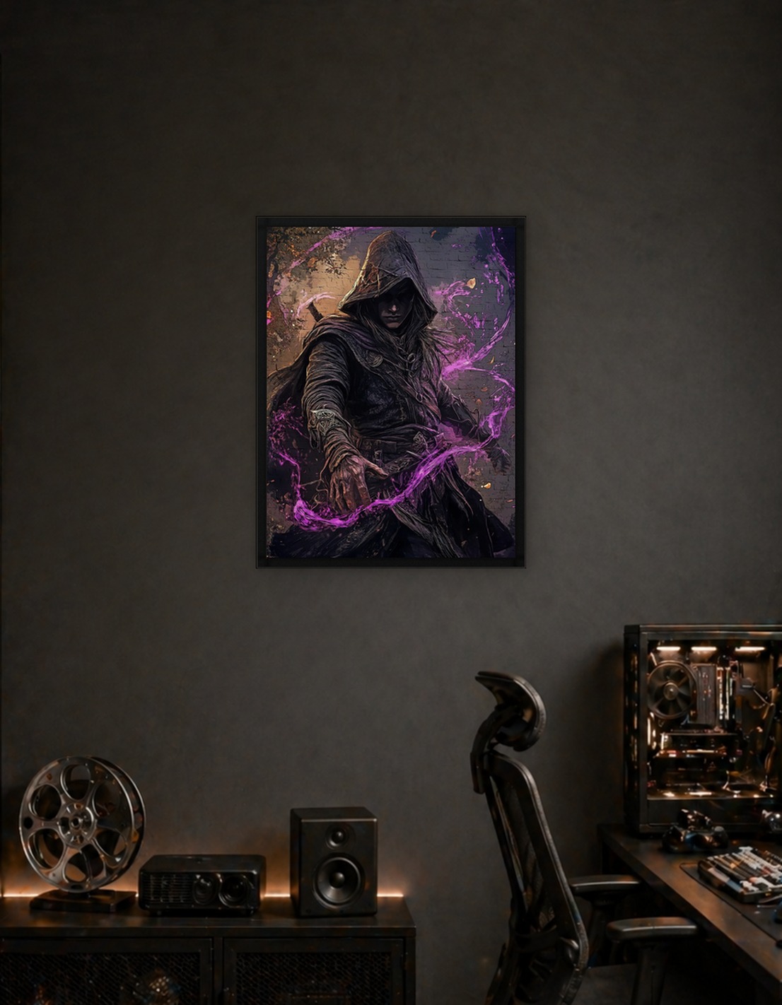Mysterious Hooded Figure with Purple Energy