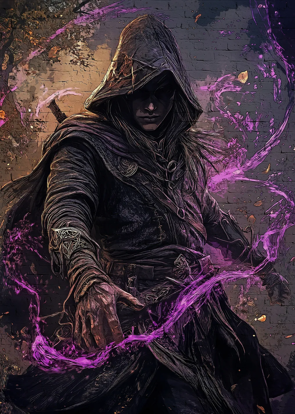 Mysterious Hooded Figure with Purple Energy