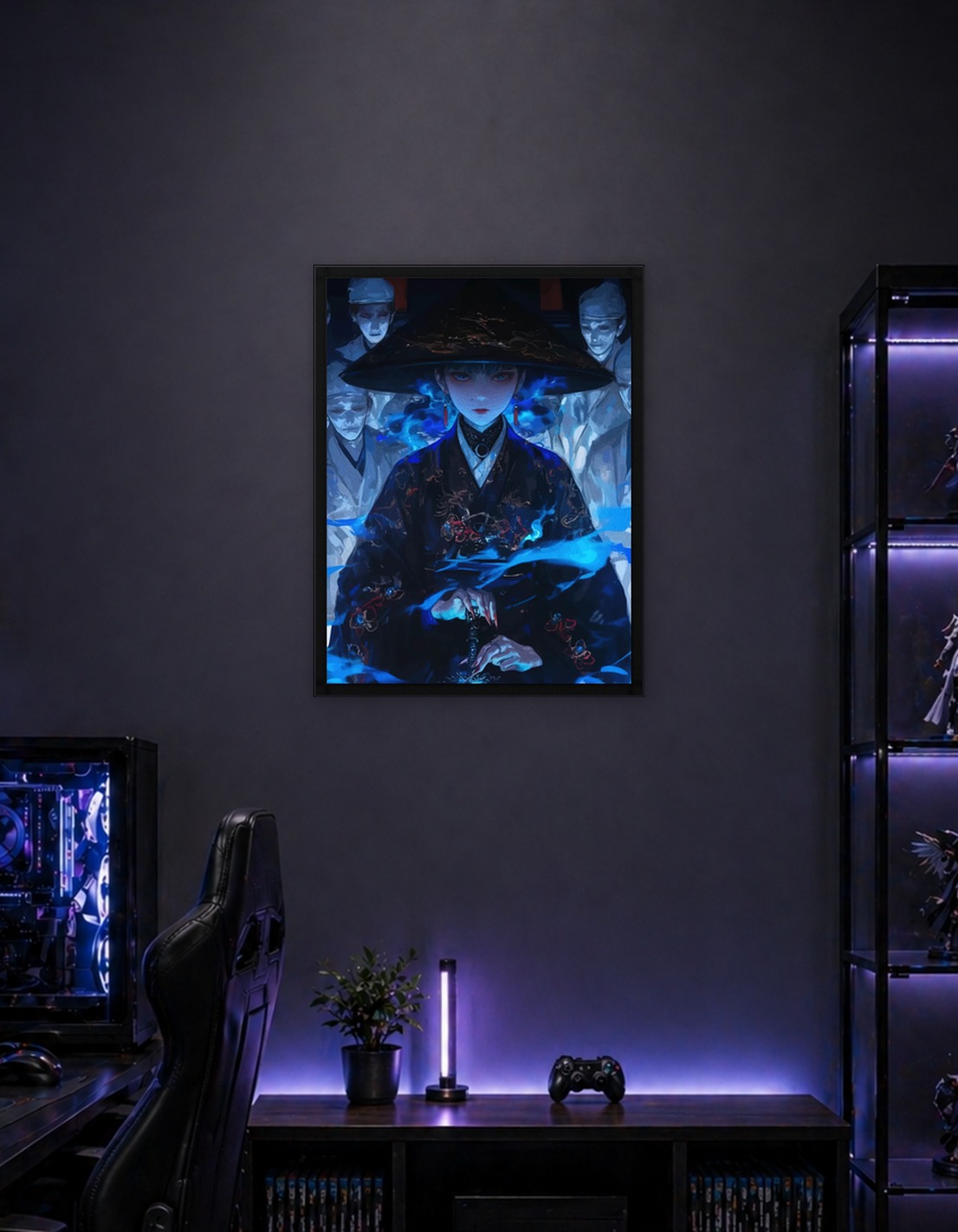 Mysterious Figure with Sword and Spirits