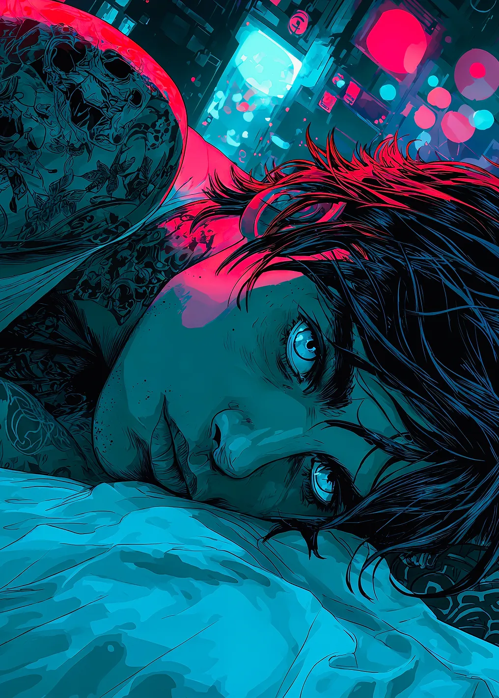 Neon Reflection Tattooed Cyberpunk Portrait