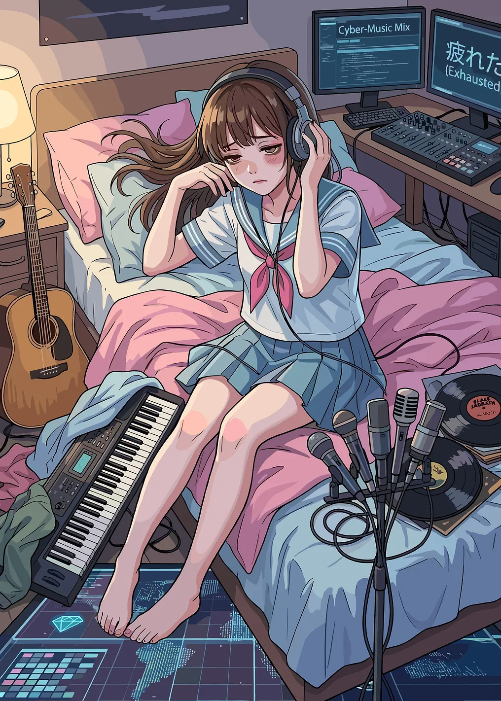 Exhausted Anime Girl with Headphones