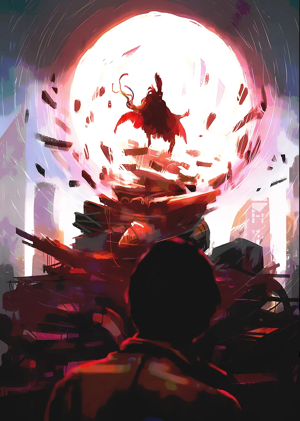 Figure in Red Cape Amidst Destruction