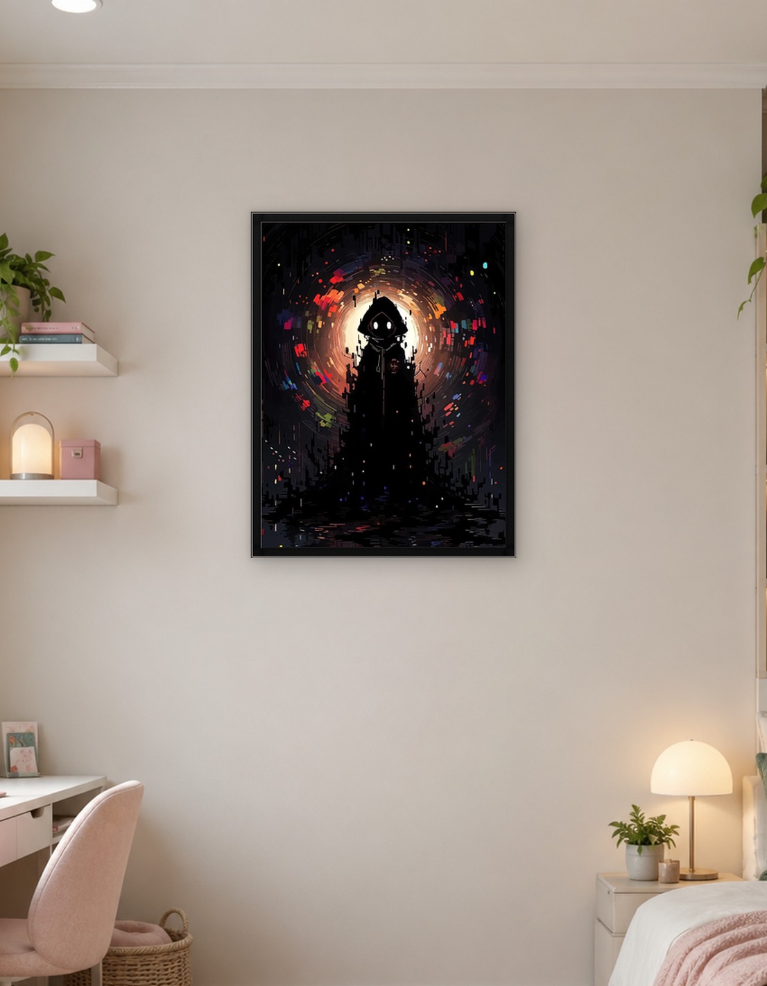 Hooded Figure in Digital Vortex