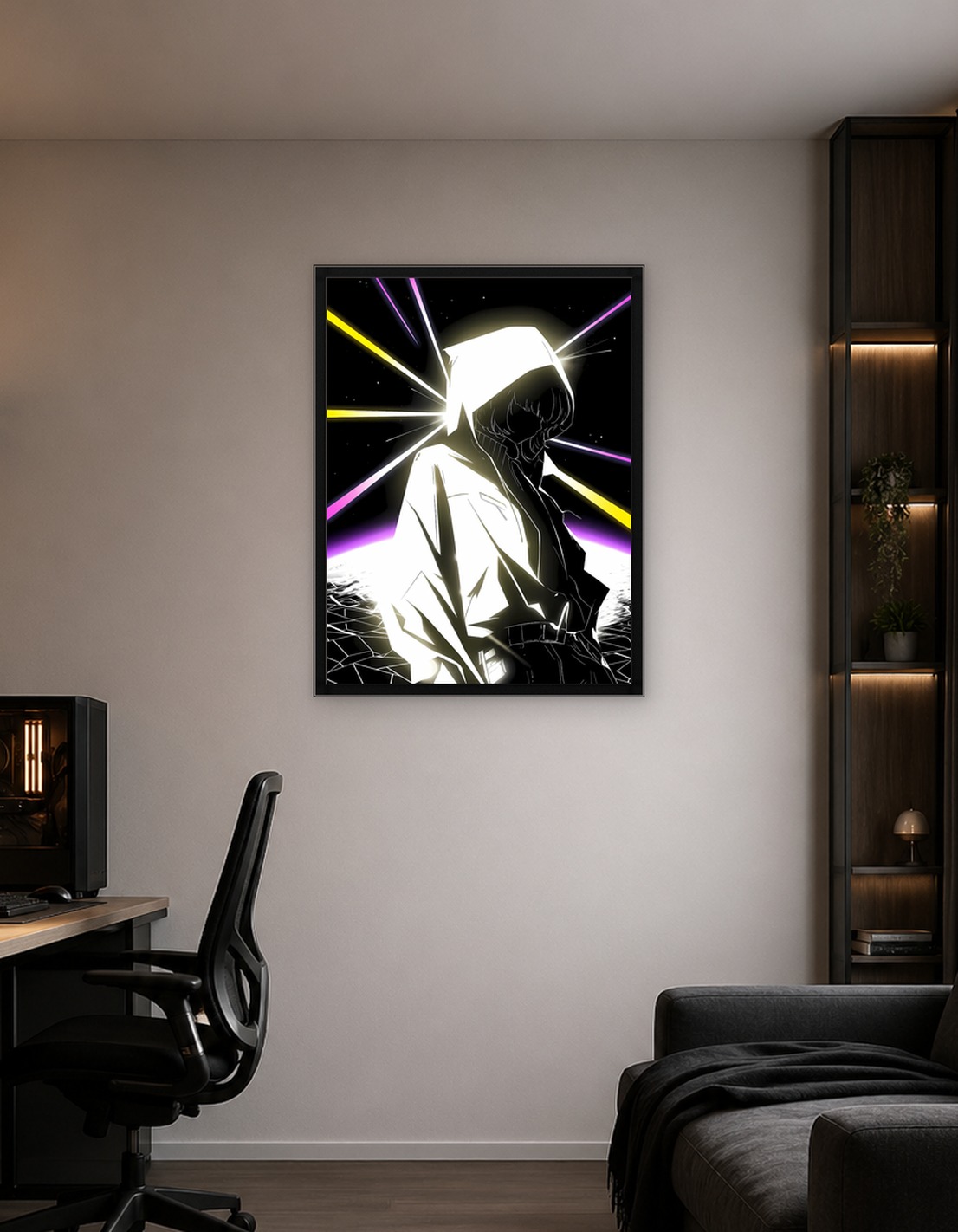 Hooded Figure in Neon Space