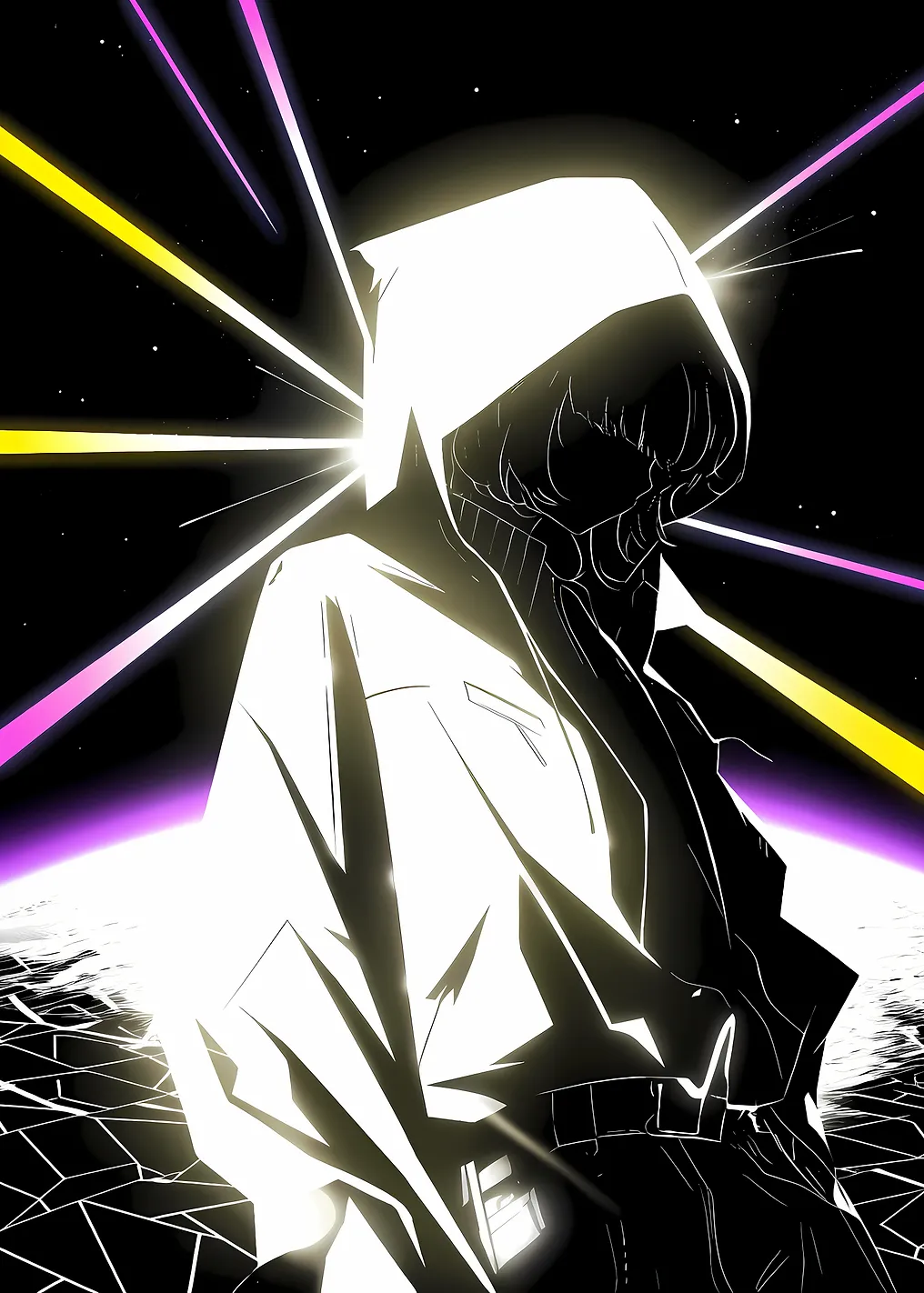 Hooded Figure in Neon Space