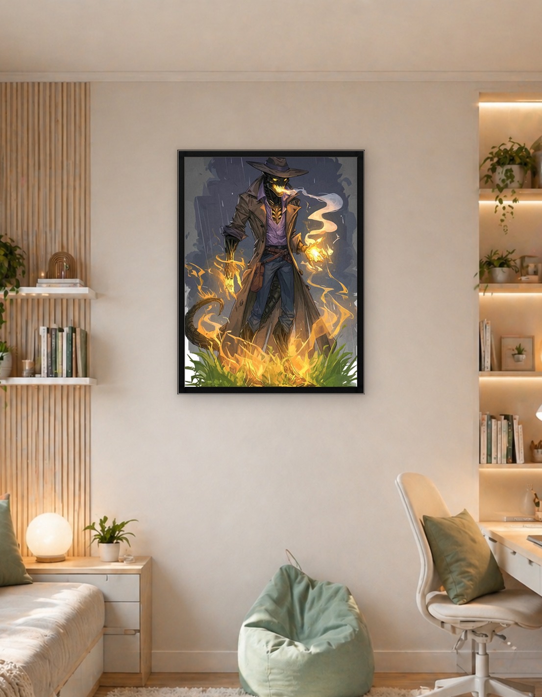 Fiery Trenchcoat Figure in the Rain