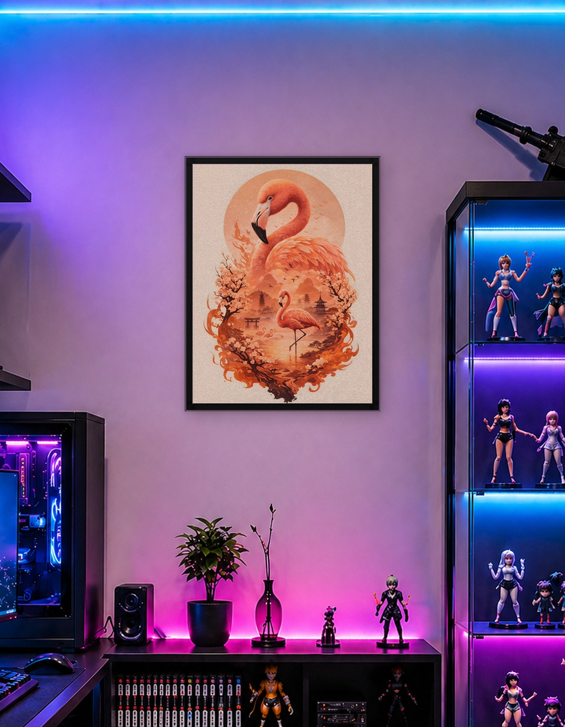 Flamingos and Japanese Scenery