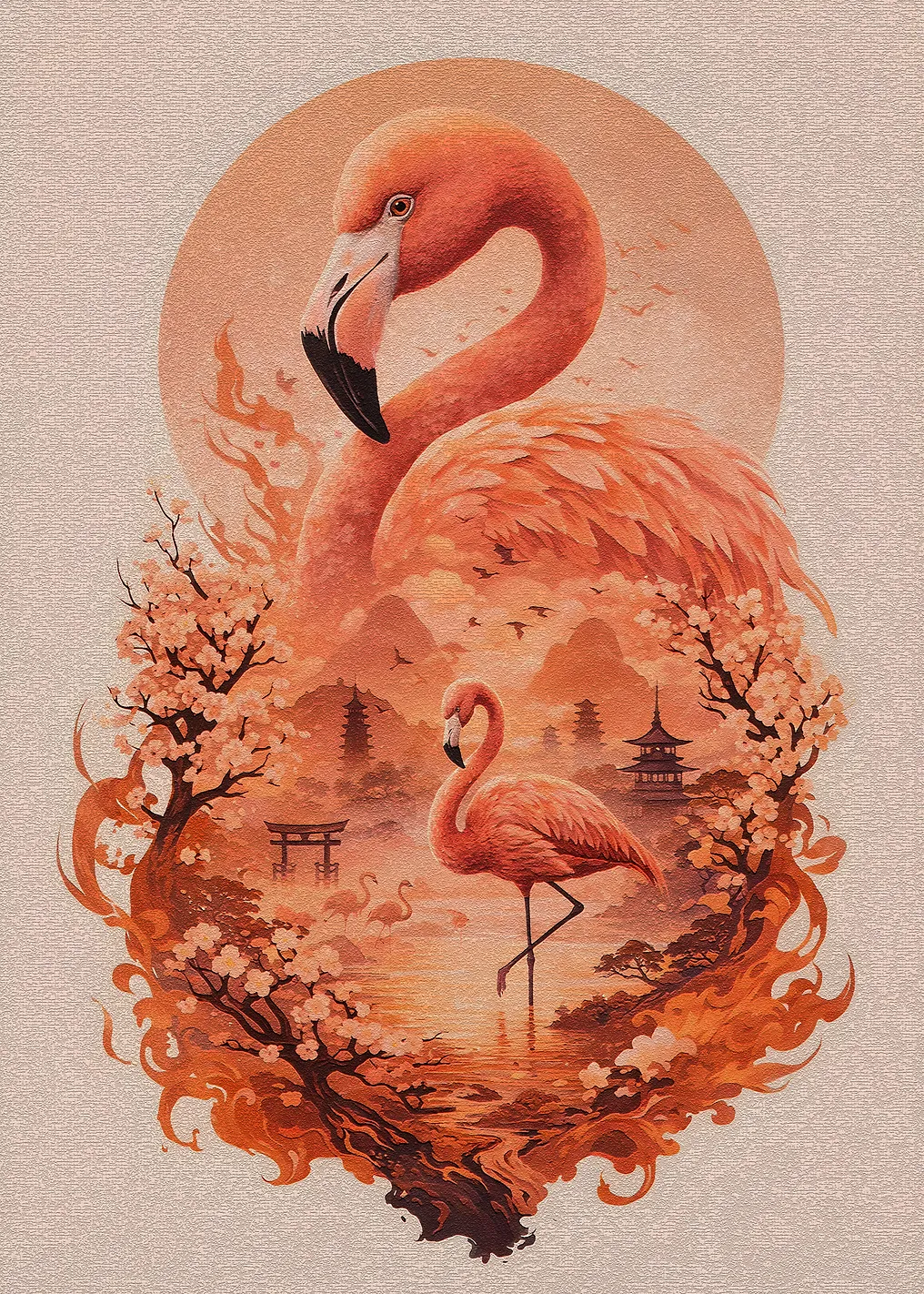 Flamingos and Japanese Scenery