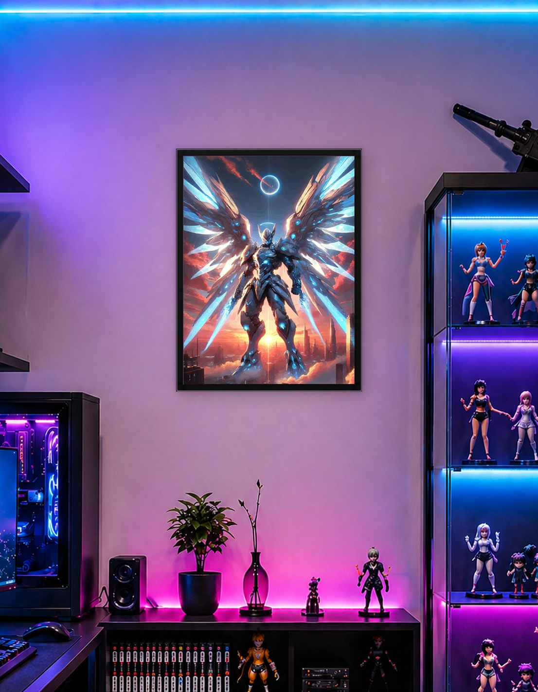 Futuristic Angel Warrior in Cityscape