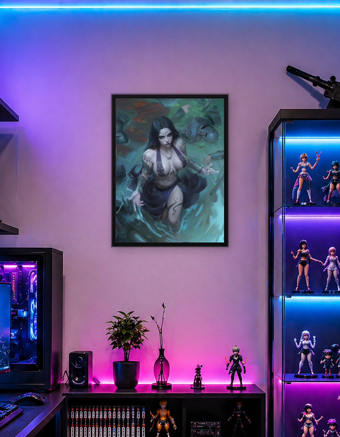 Fantasy Woman in Water with Fallen Knights