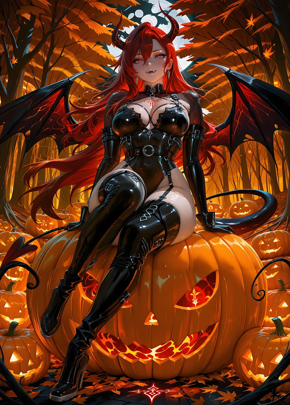 Halloween Demon Girl on Pumpkin Throne