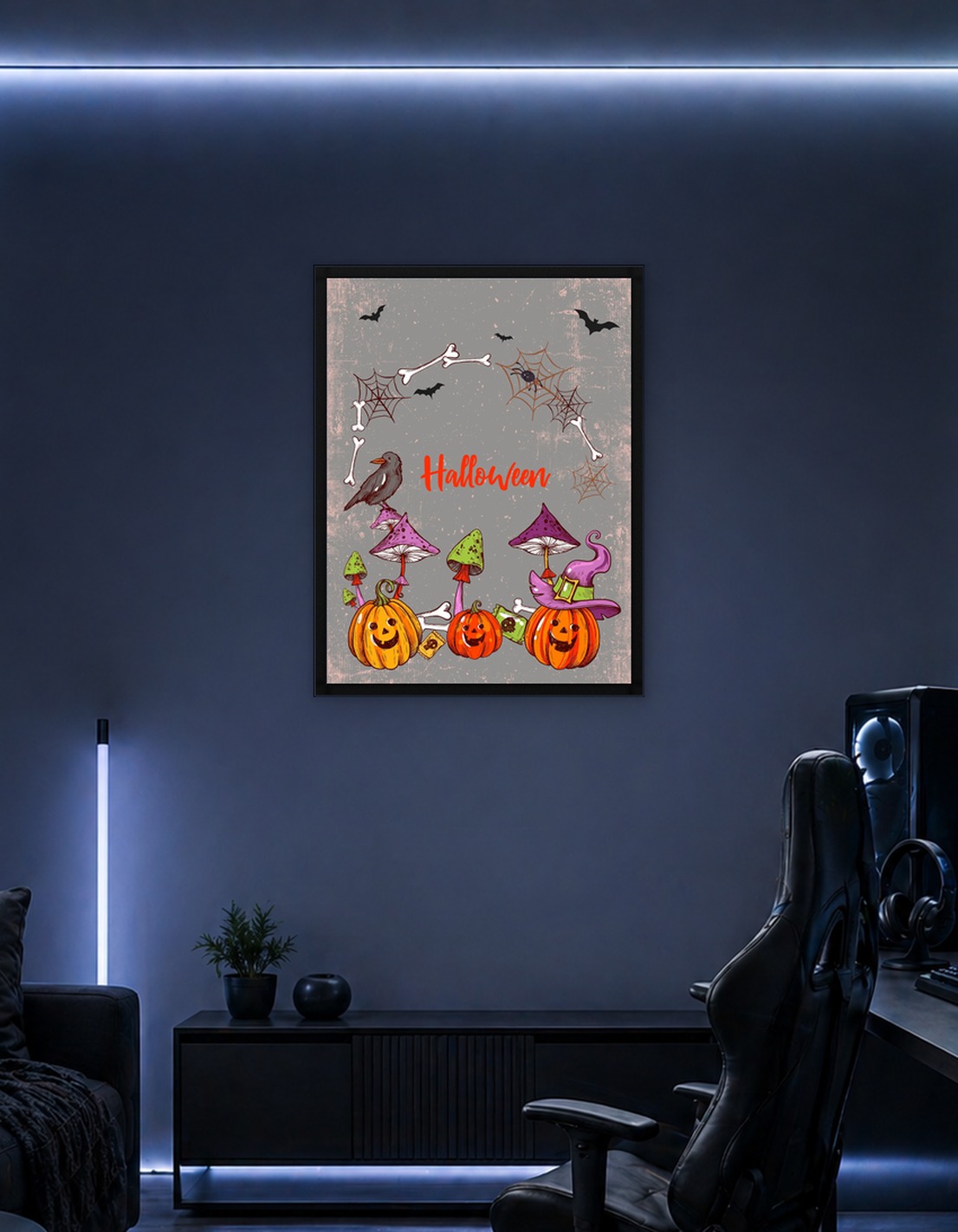 Halloween Illustration with Pumpkins and Crow