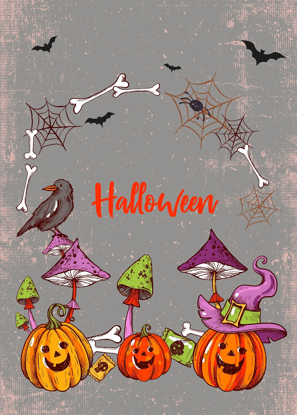 Halloween Illustration with Pumpkins and Crow