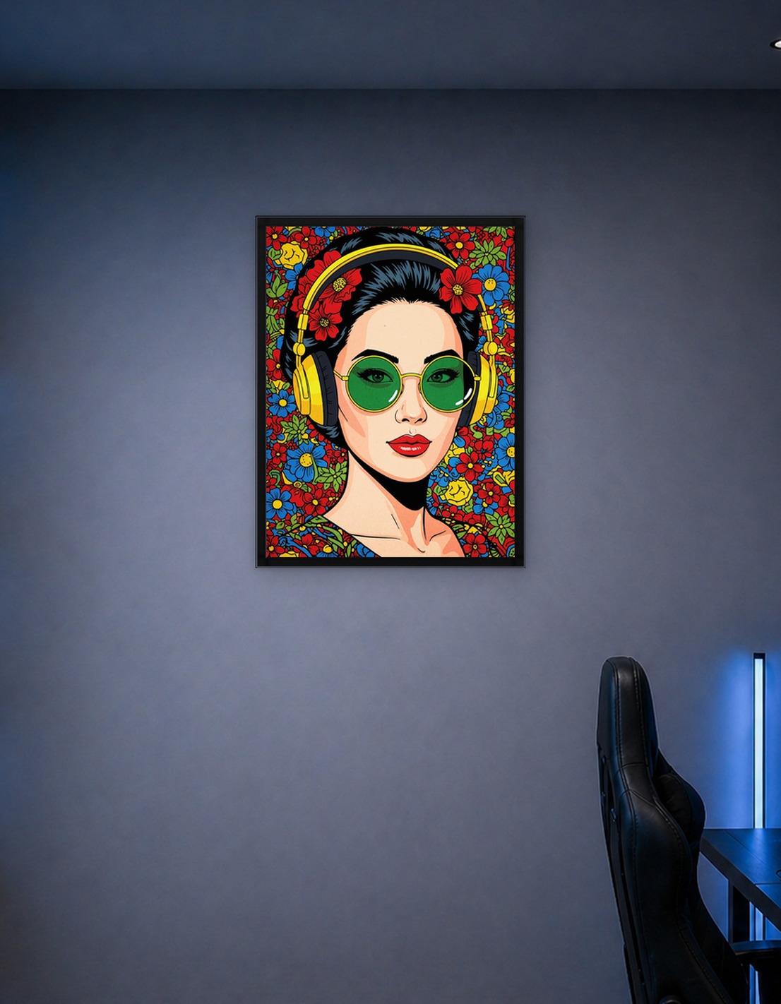 Floral Woman with Headphones and Glasses