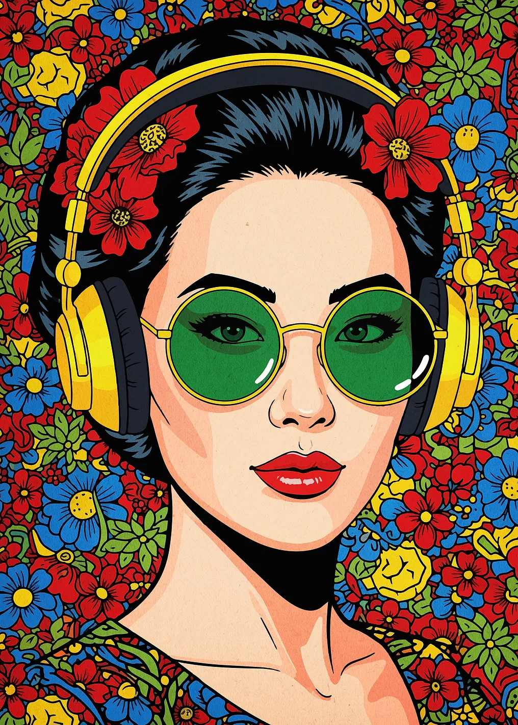 Floral Woman with Headphones and Glasses