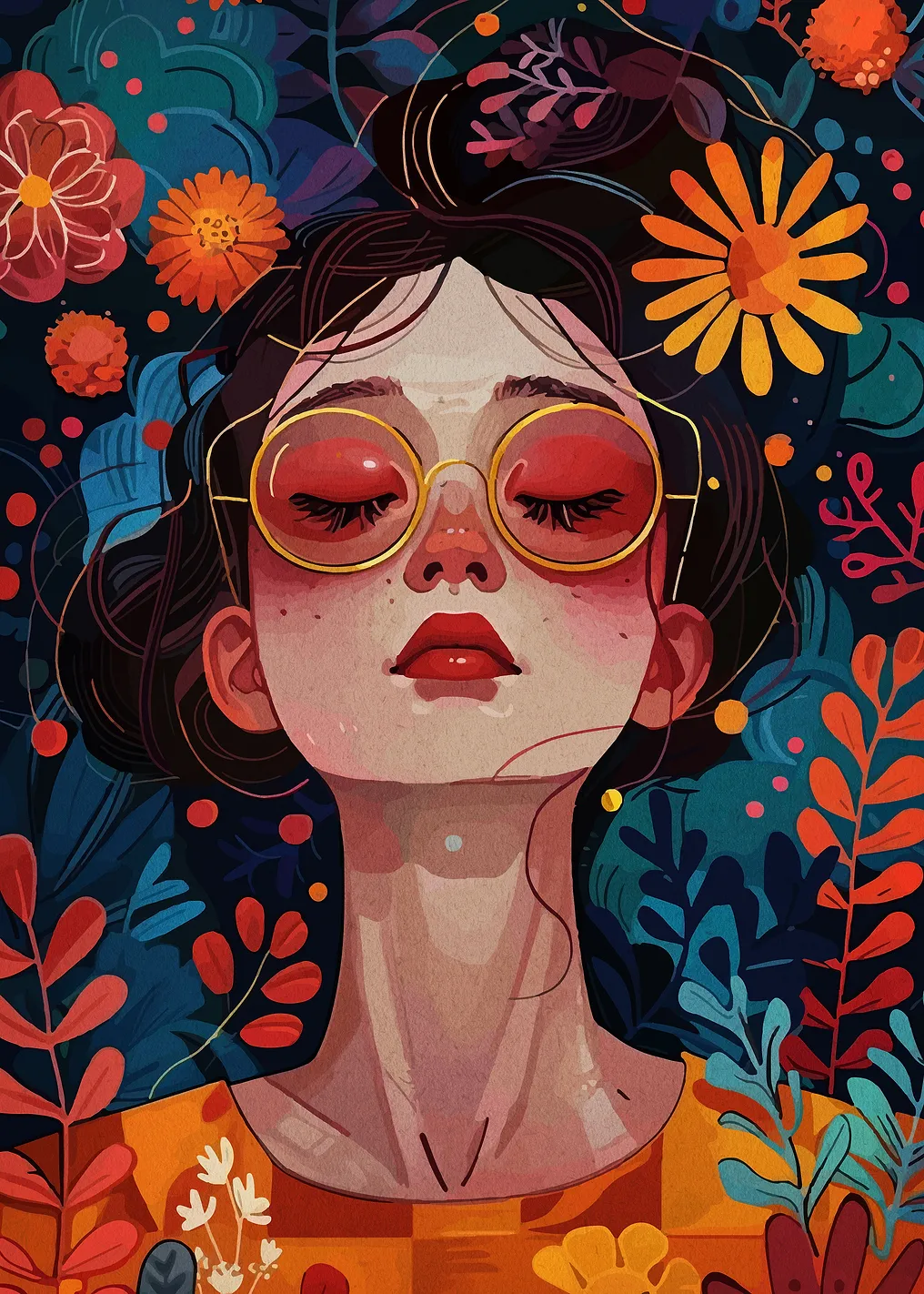 Floral Portrait with Red Glasses