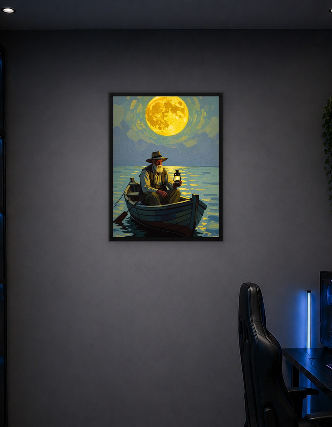 Man in Boat Under Full Moon