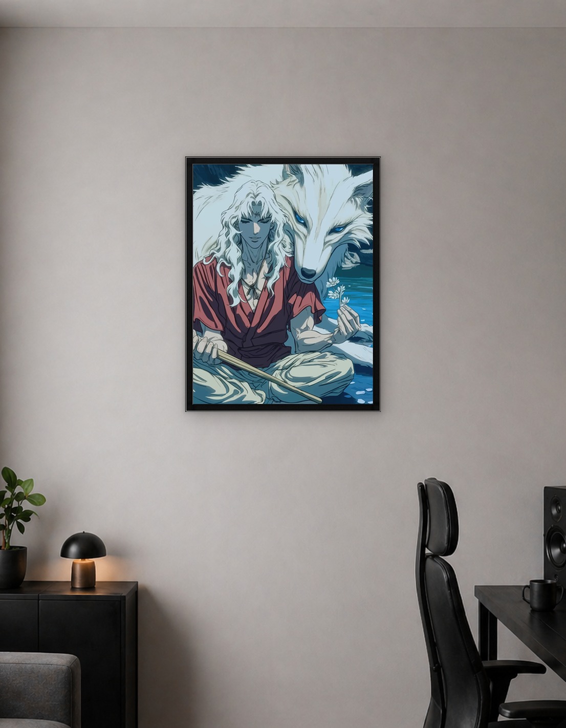 Man and White Wolf by Water