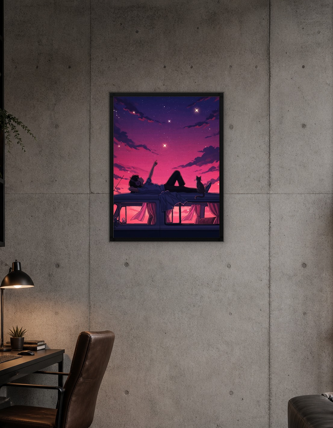 Person and cat watching stars from a van roof