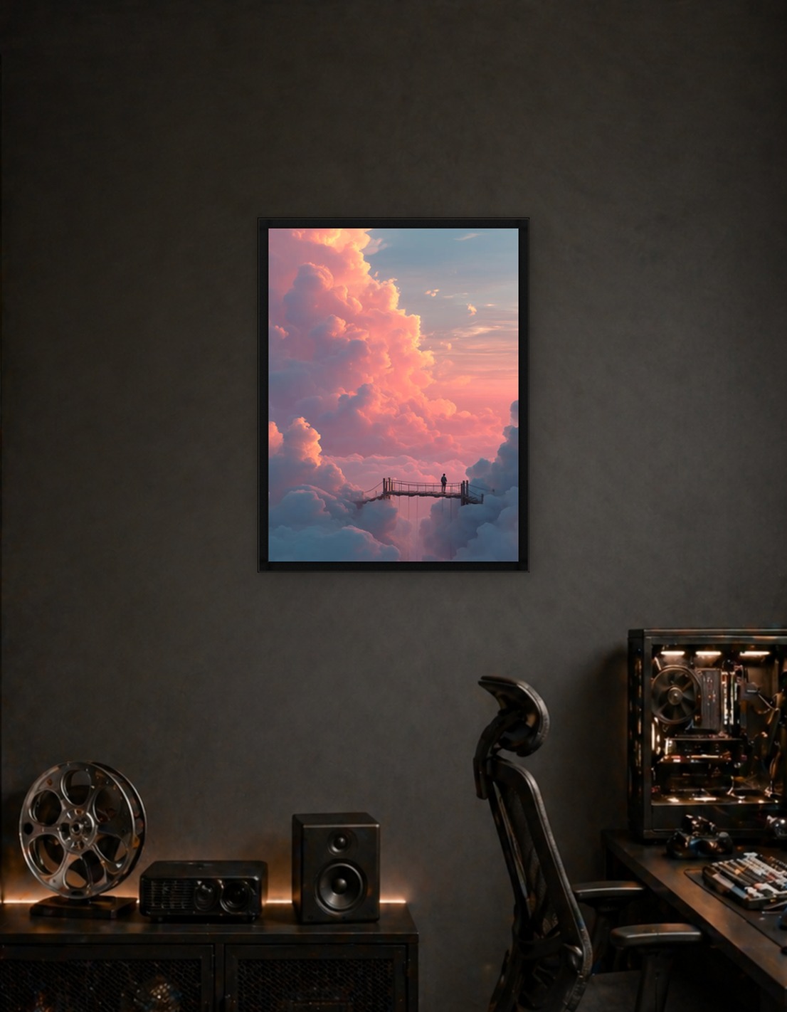 Person on Bridge Amidst Pink Clouds
