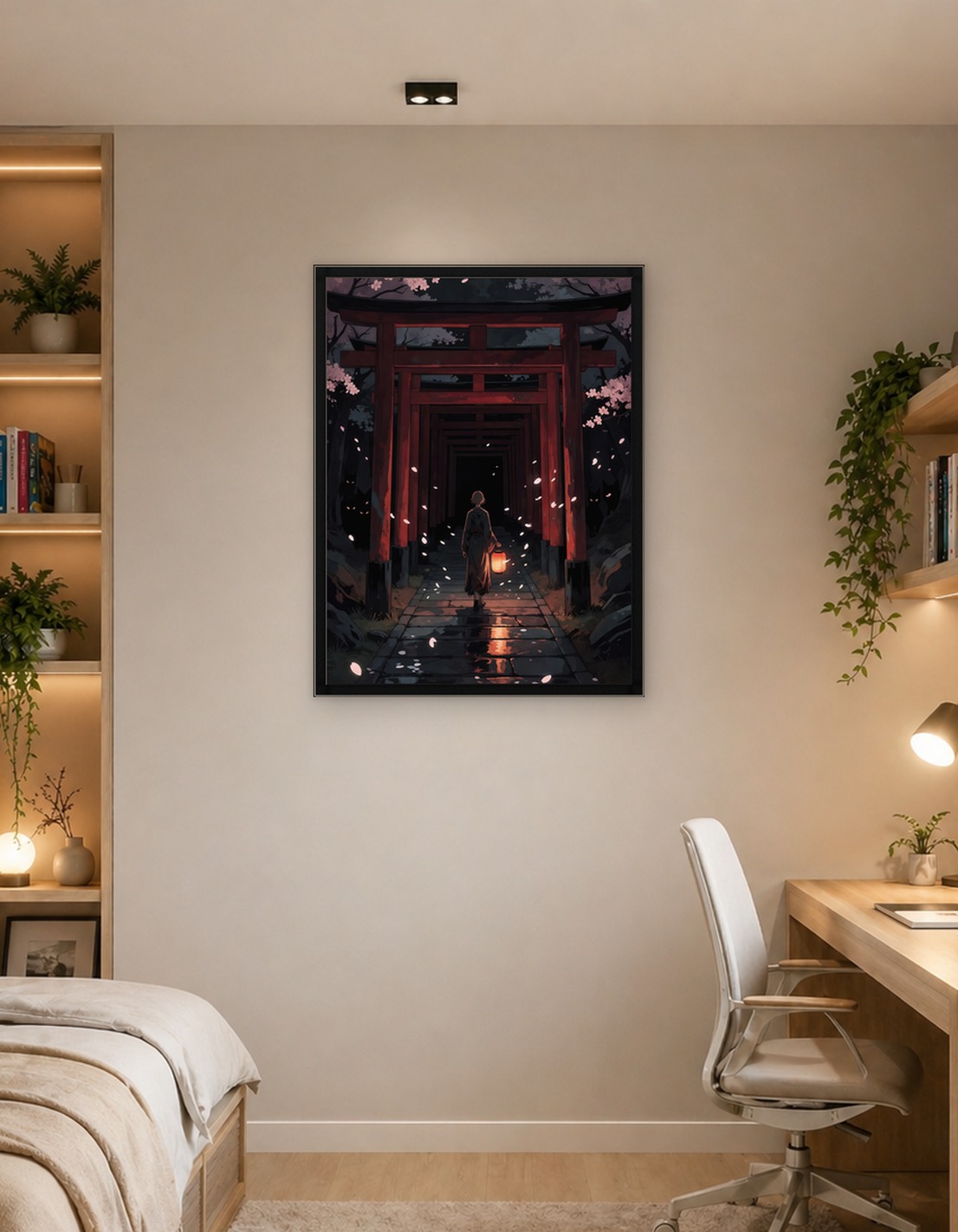 Person walking through torii gates with lantern