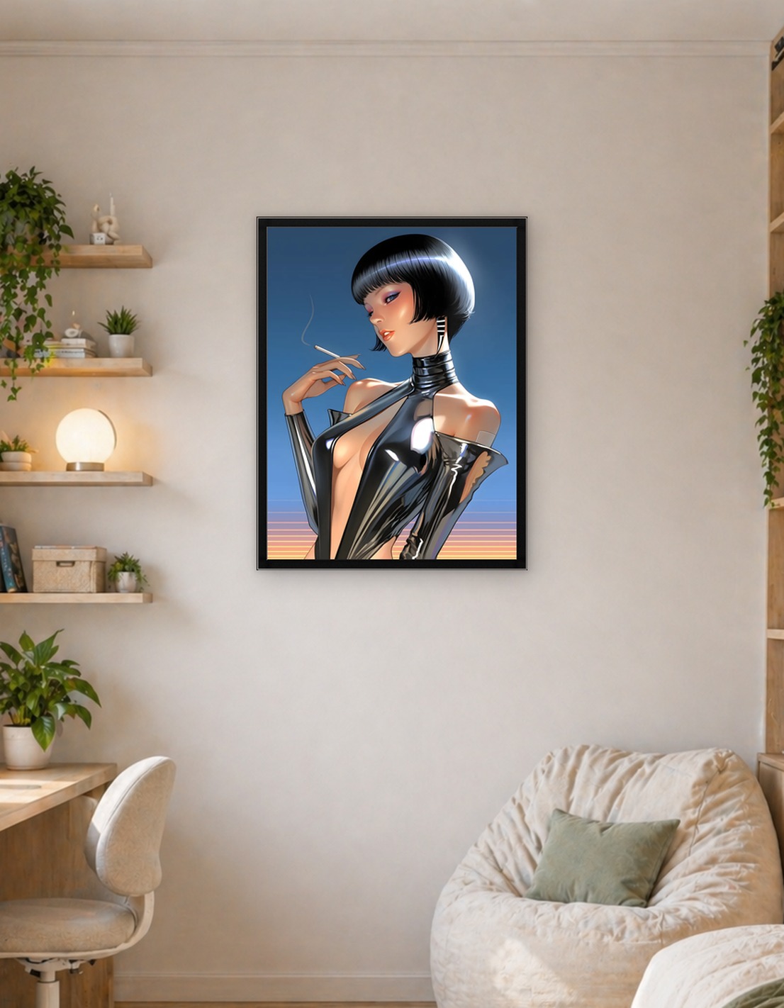 Elegant Woman Smoking in Shiny Outfit