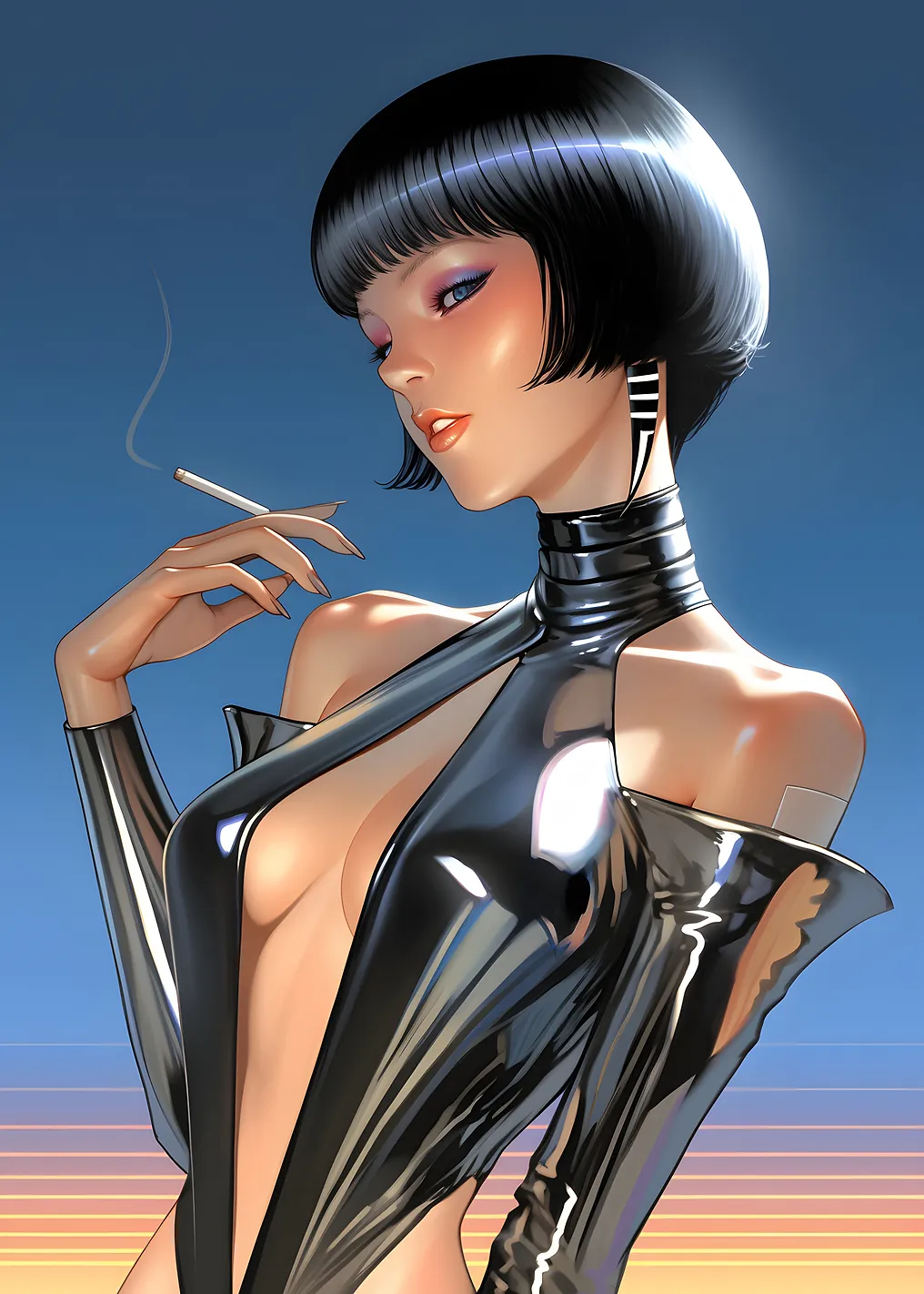 Elegant Woman Smoking in Shiny Outfit