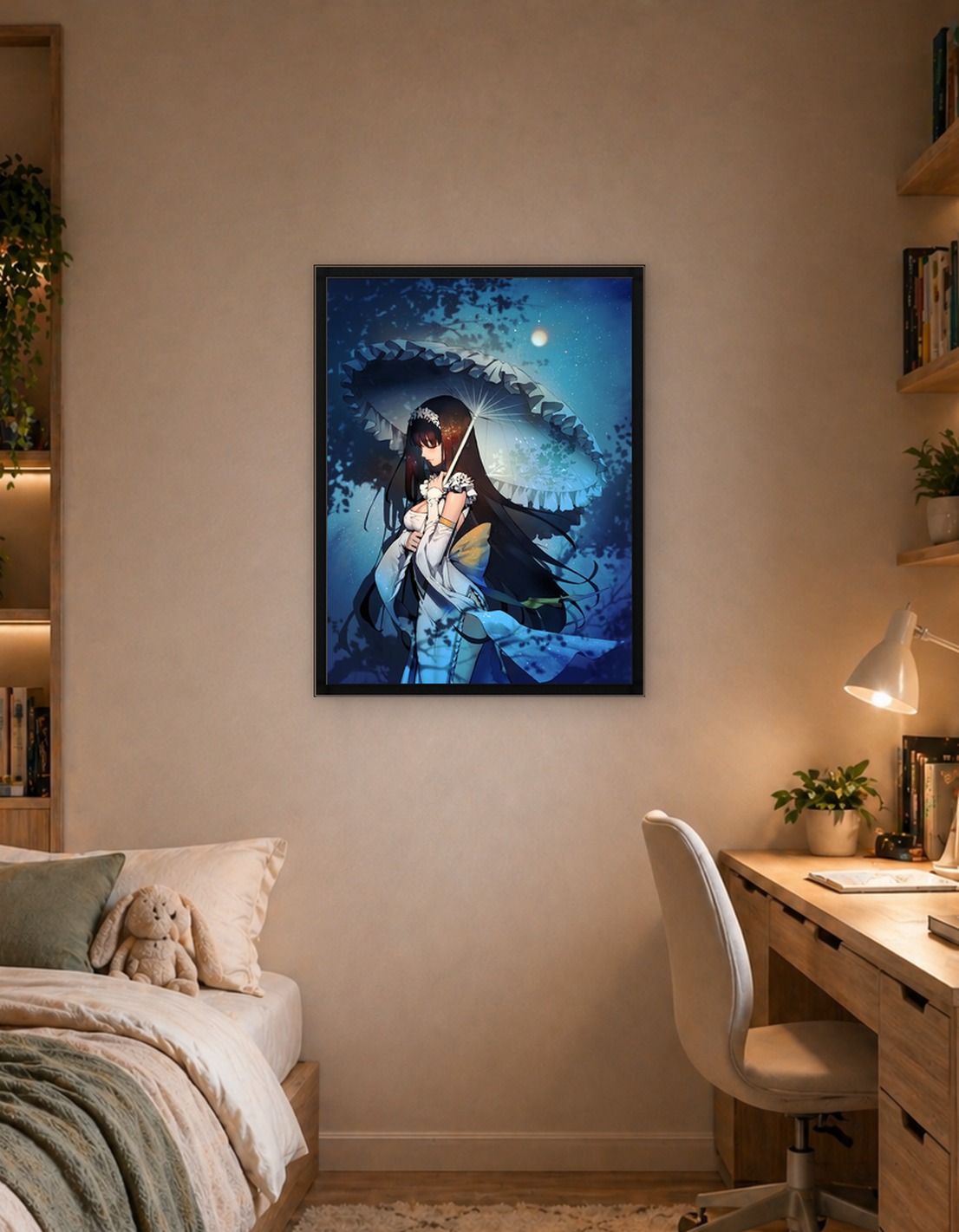 Elegant Woman with Parasol in Moonlight