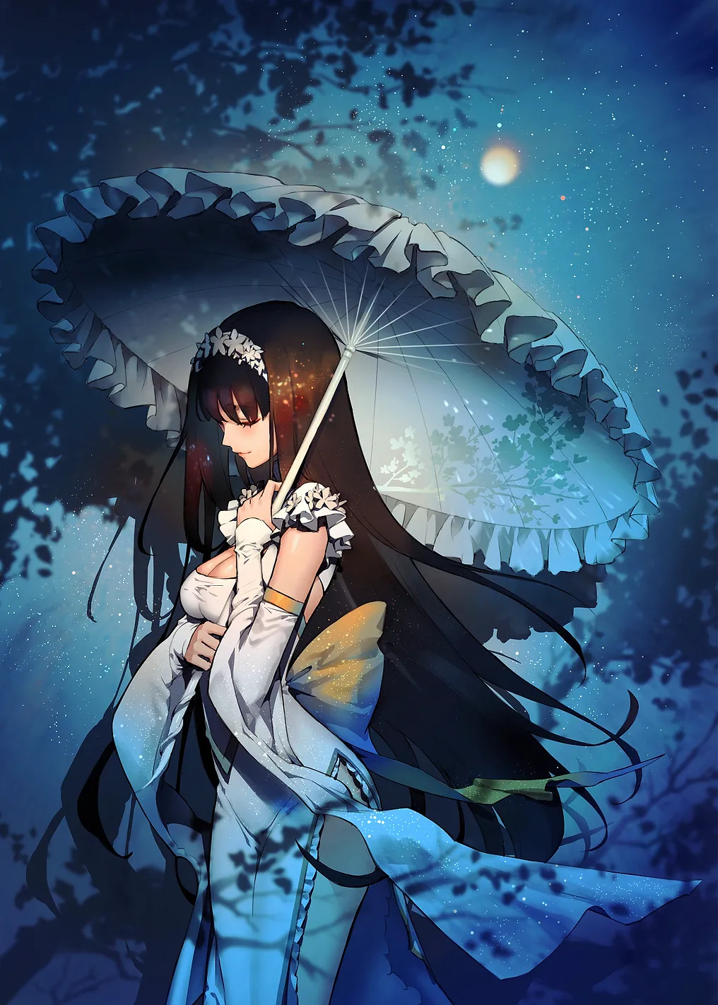 Elegant Woman with Parasol in Moonlight