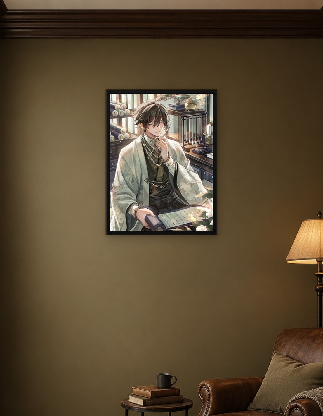 Elegant Anime Man with Scroll and Brush