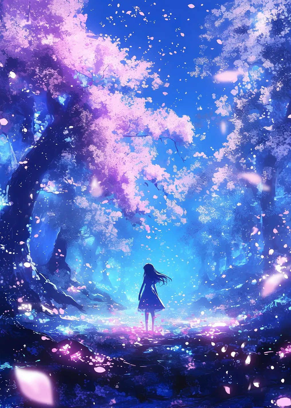 Japanese Anime Girl in a Blossoming Forest