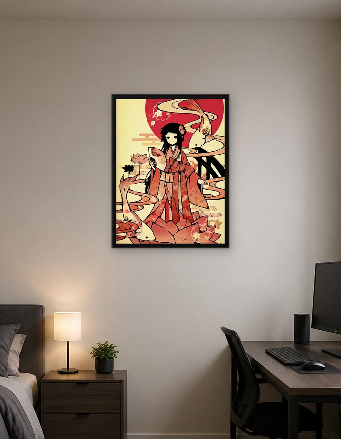 Japanese Girl with Koi Fish Illustration
