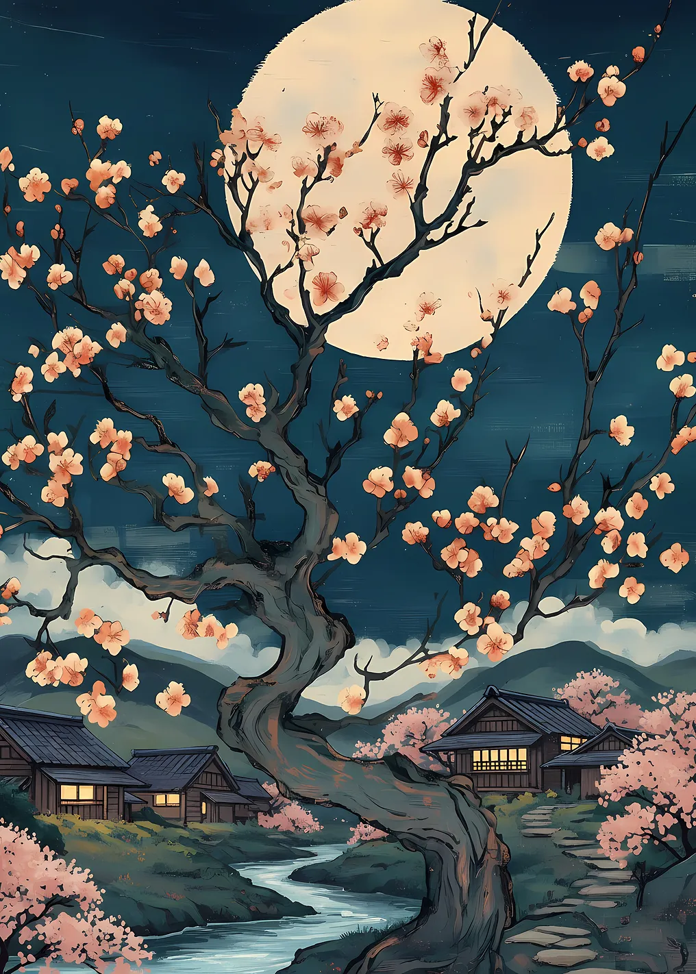 Japanese Village Under Cherry Blossoms