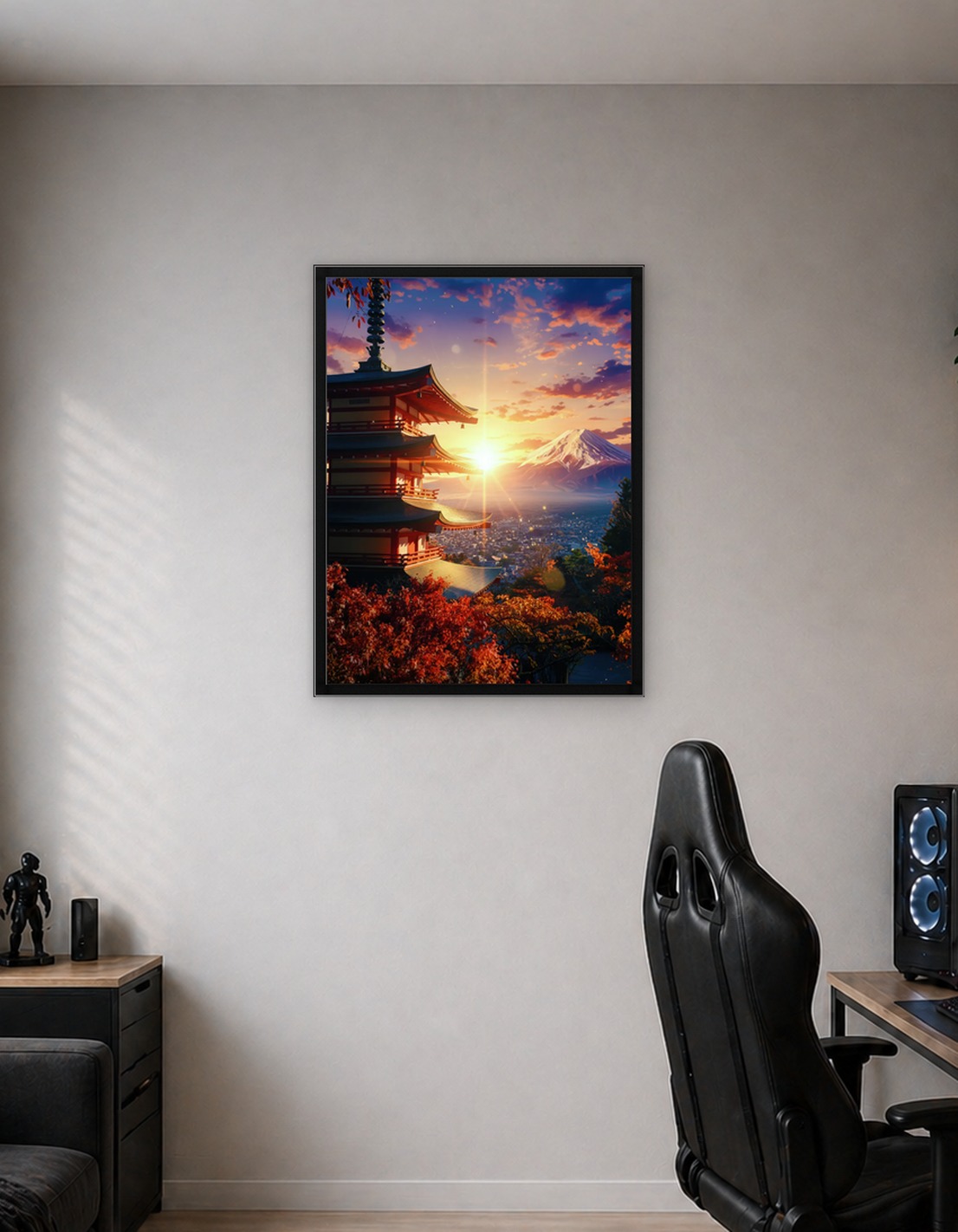 Japanese Pagoda with Mount Fuji Sunset
