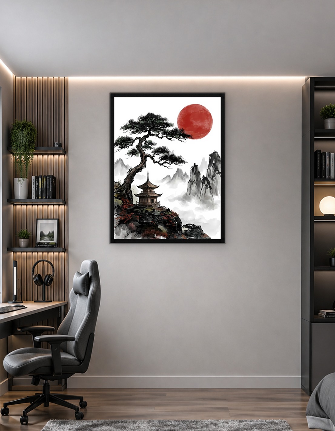 Japanese Pagoda with Red Sun Painting