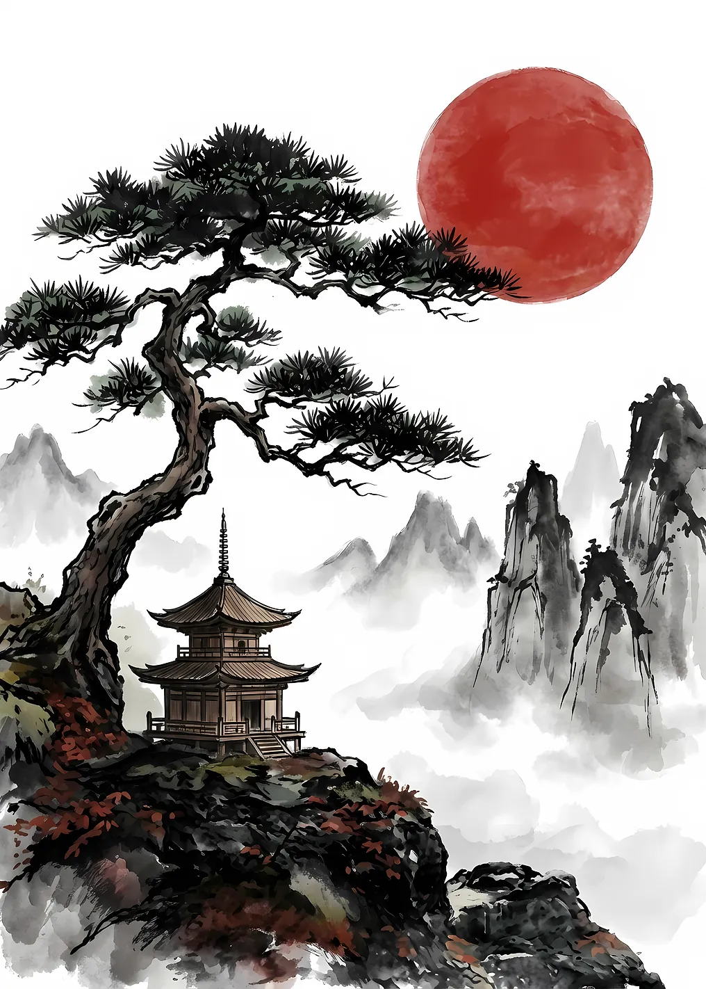 Japanese Pagoda with Red Sun Painting