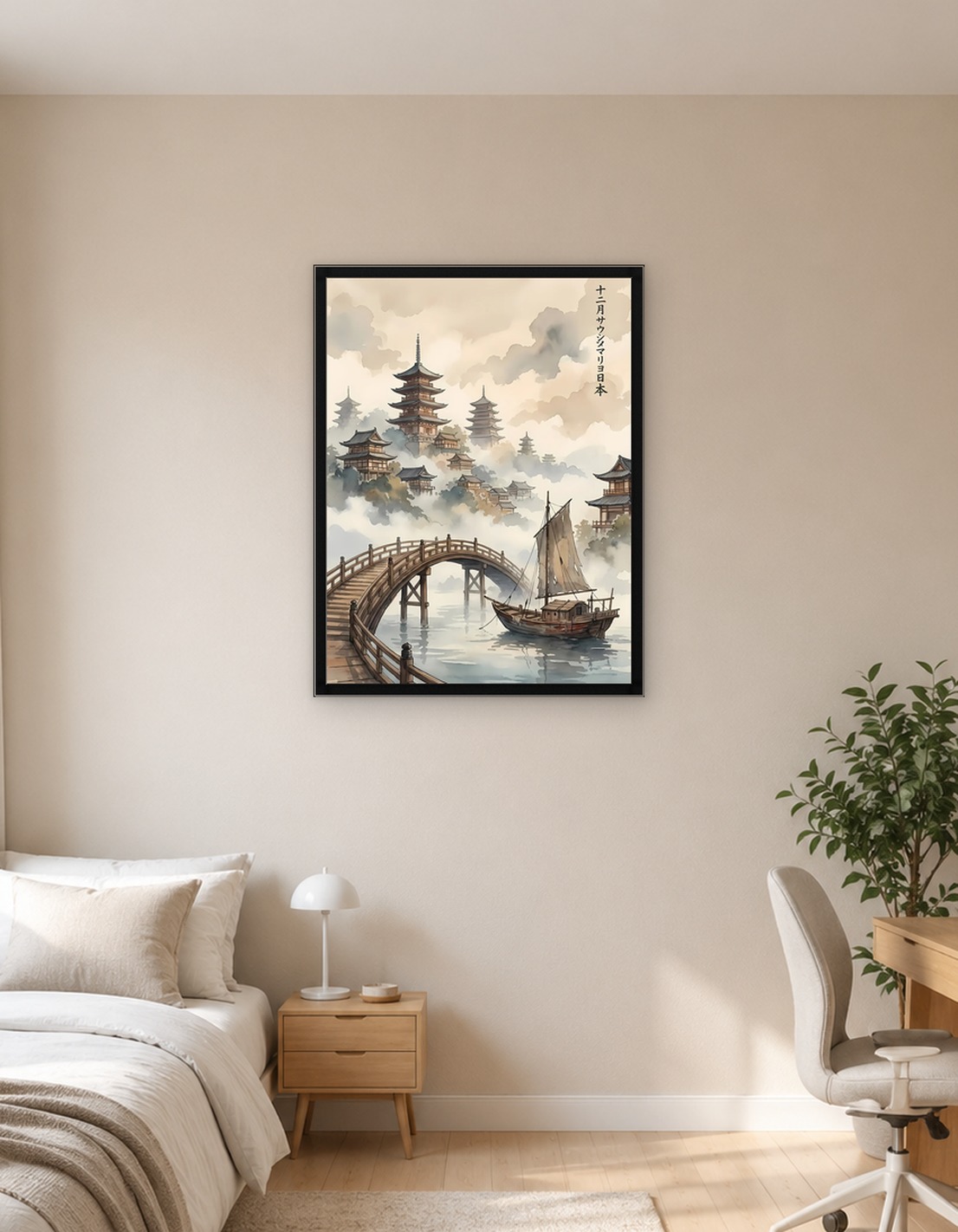 Japanese Pagodas and Boat Watercolor Painting