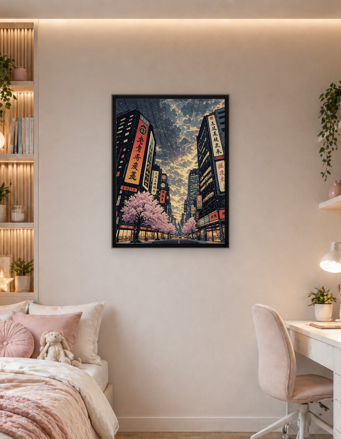 Japanese Cityscape with Cherry Blossoms Sakura Anime Landscape