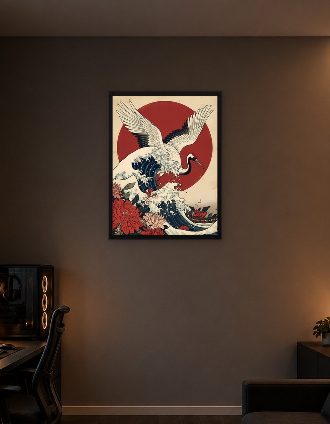 Japanese Crane with Waves and Flowers