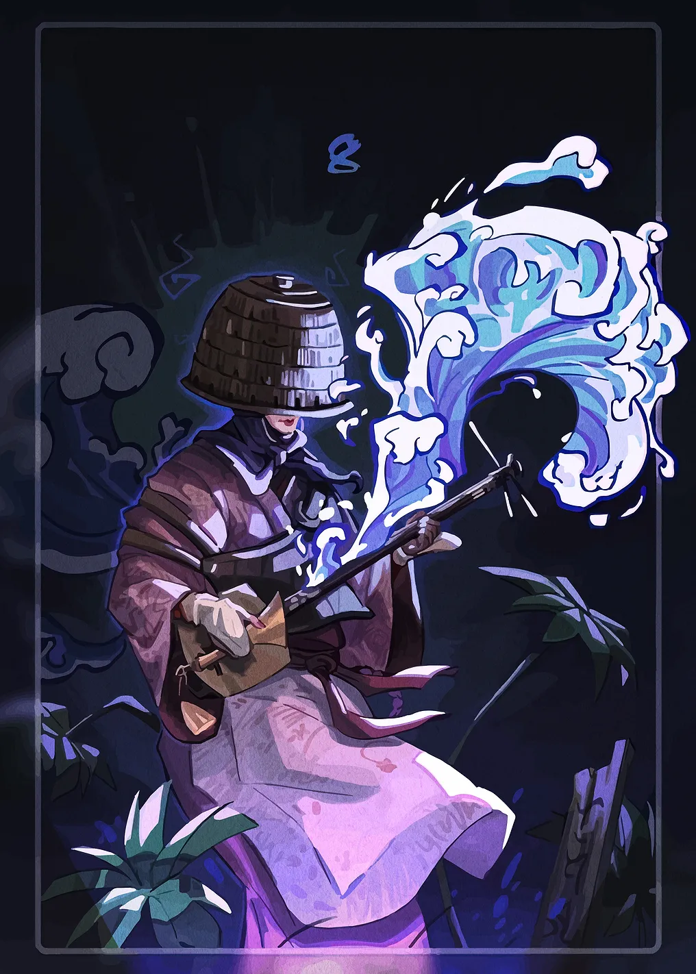 Japanese Musician with Shamisen and Waves