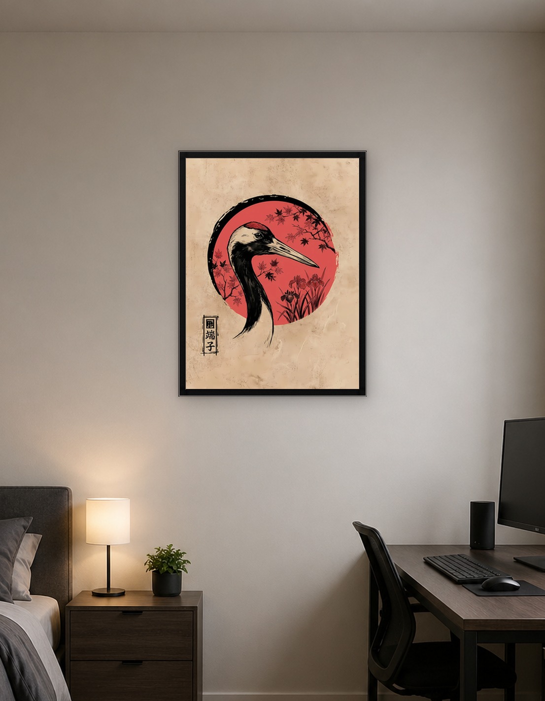 Japanese Crane Art with Maple Leaves