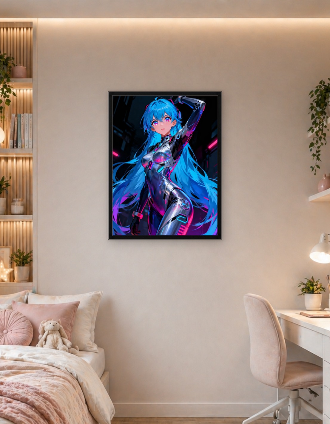 Neon Tech Cyborg Anime Girl – Futuristic Cyberpunk Metal Poster