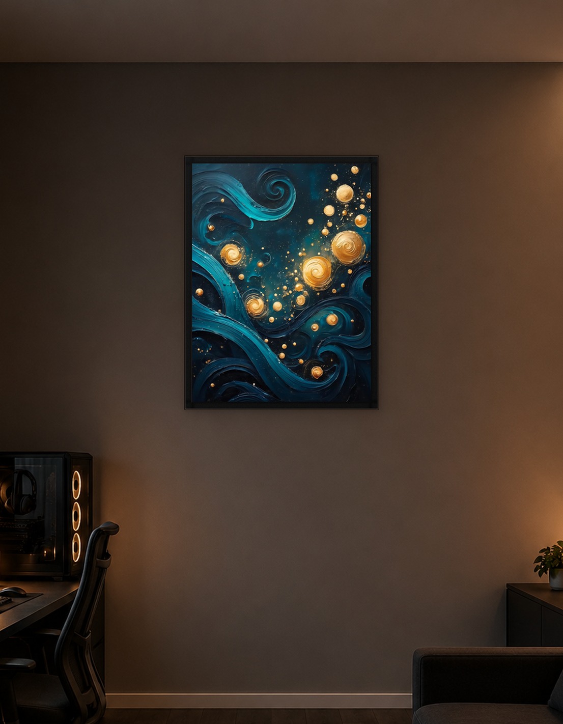 Abstract Swirls and Golden Orbs