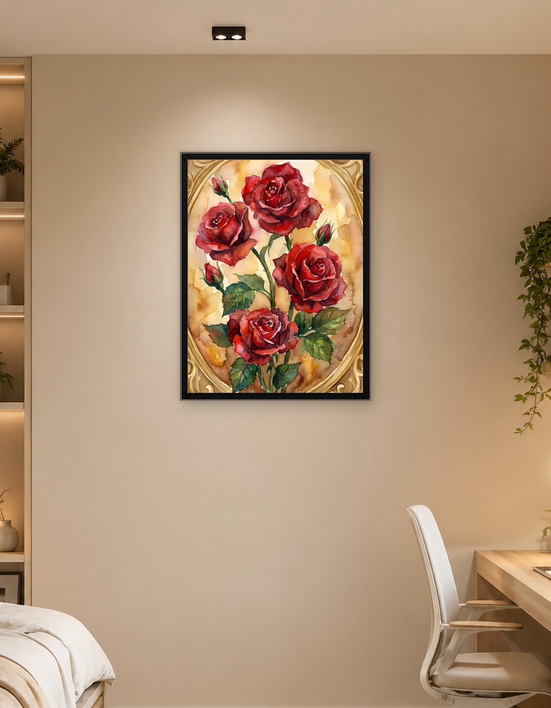 Watercolor Roses in Oval Frame