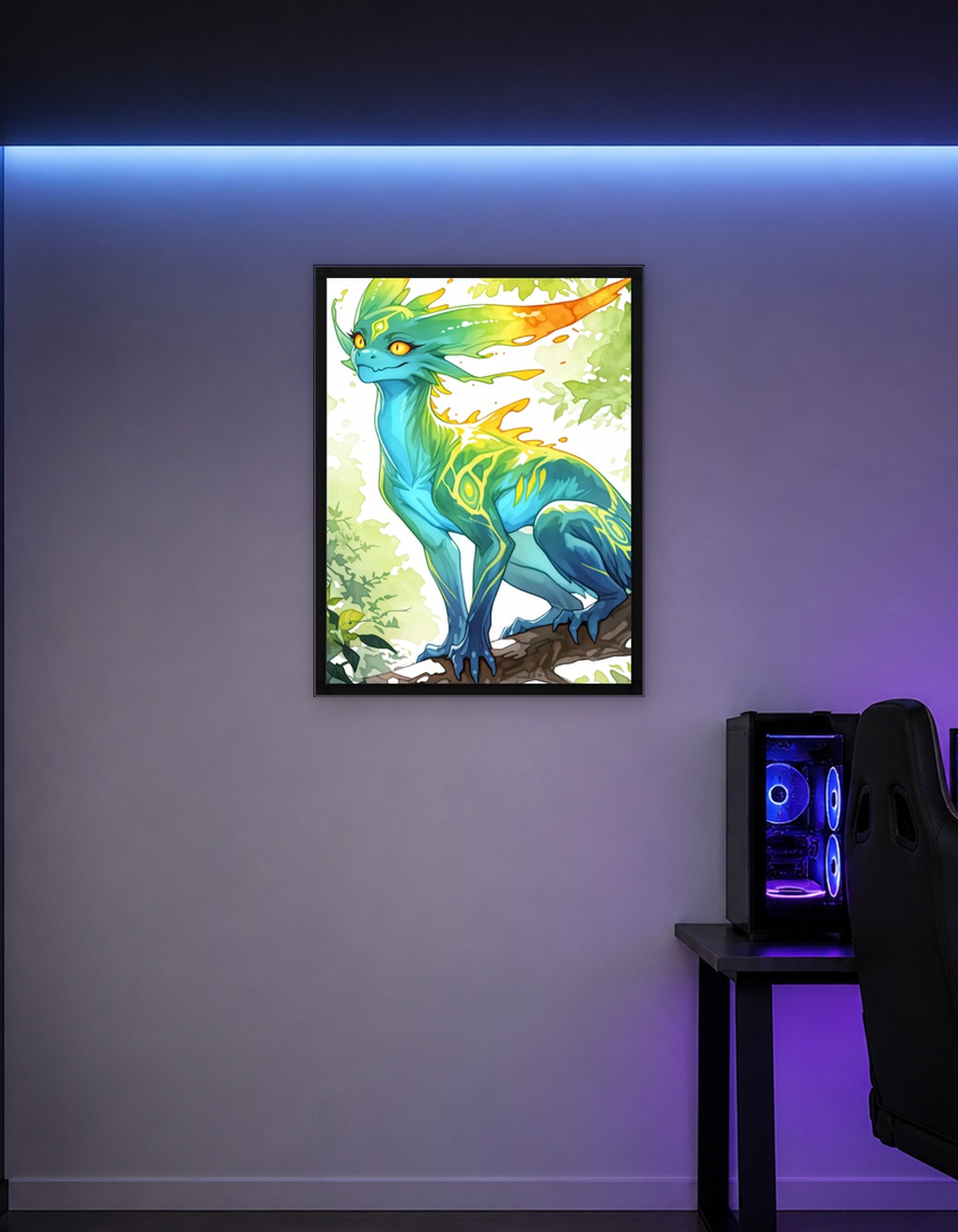 Watercolor Dragon Creature on Branch