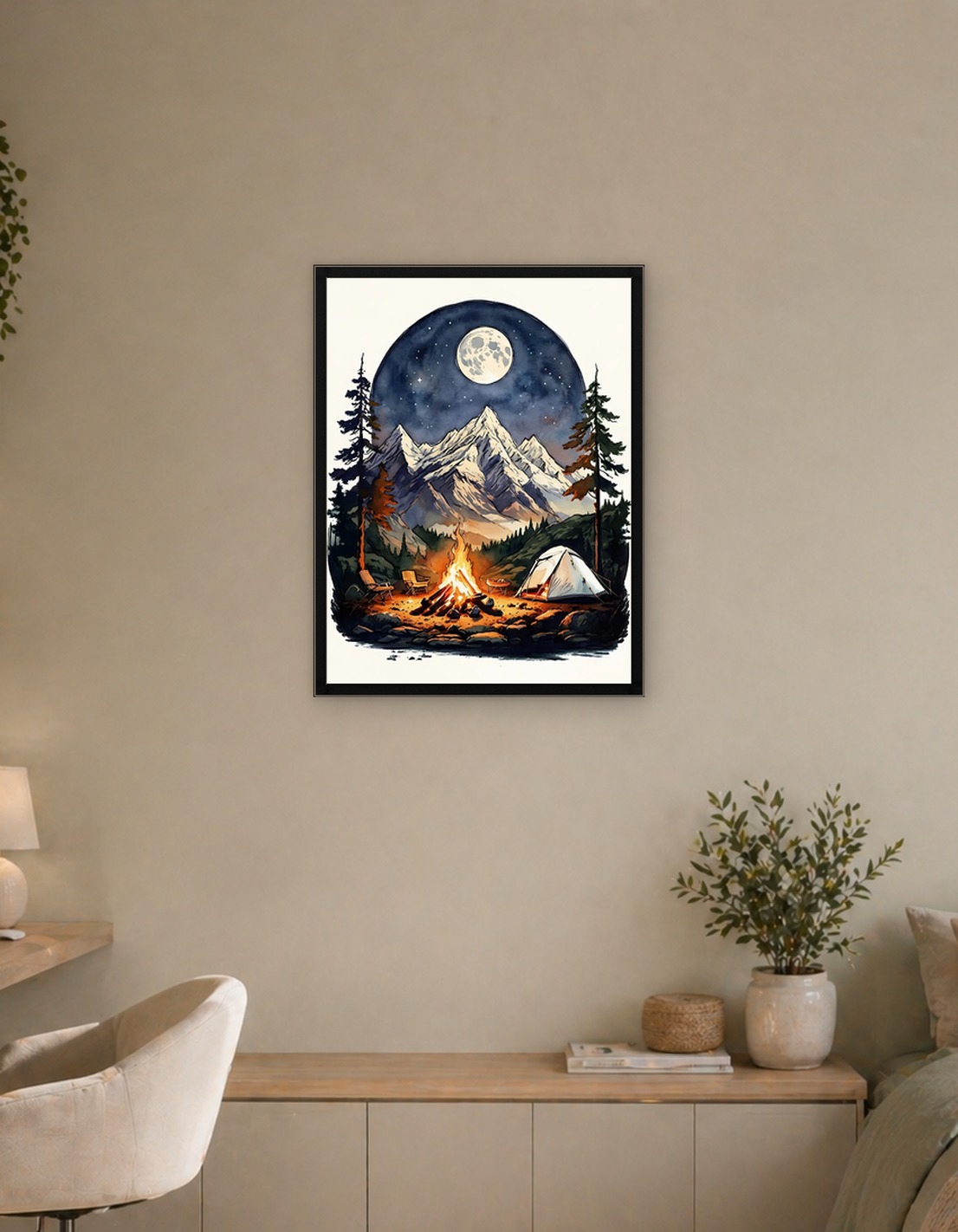 Watercolor Camping Scene with Mountains