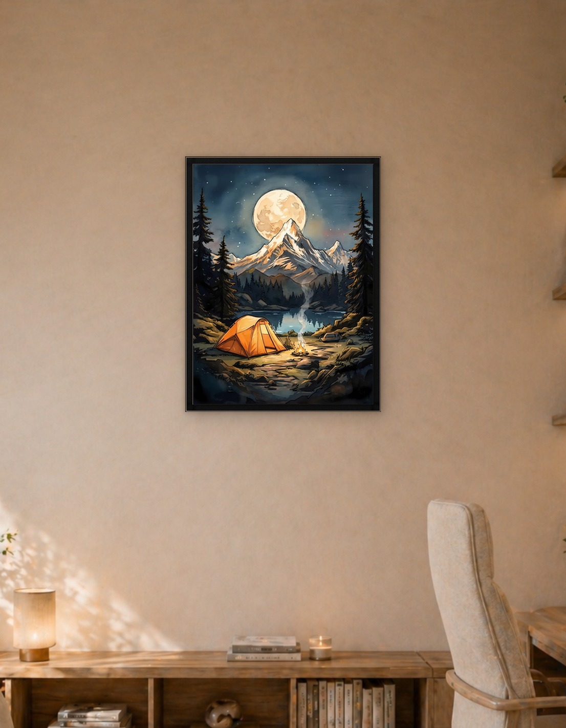Watercolor Camping Scene with Full Moon